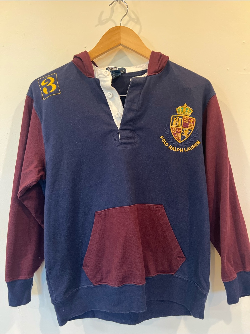 Vintage polo by Ralph Lauren Navy & Burgundy Crest Rugby Hoodie